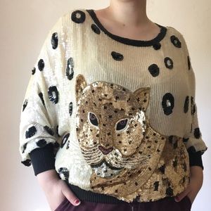 Vintage Pure Silk Sequin Beaded Leopard Top - cheetah print black and white